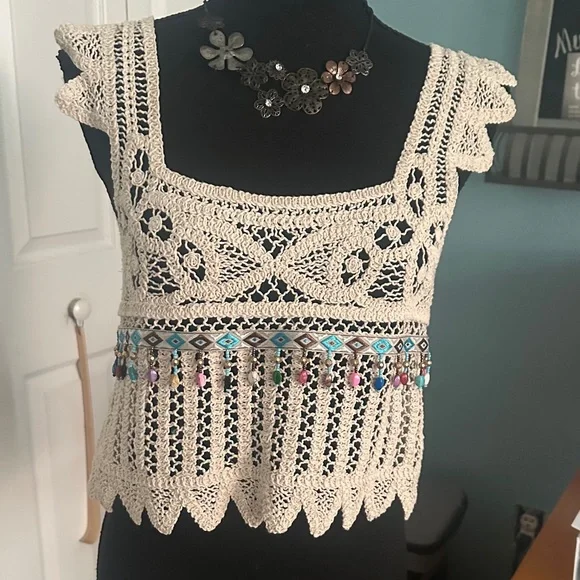 Rebellion Cream Crochet Crop Top with Colorful Accents - Picture 1 of 1